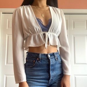 Sunday Best White Cropped Tie-Front Blouse